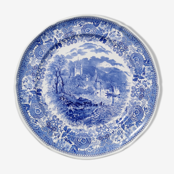 Round dish in Villeroy earthenware and Boch model Blue Burgenland, landscape with castle