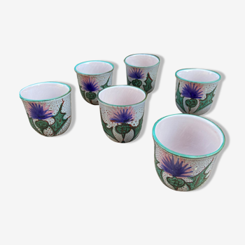Set of 6 ceramic glasses from Vallauris-Motif chardons