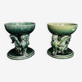 Castel léon, pair of empty pocket cups in green earthenware signed early 20th century