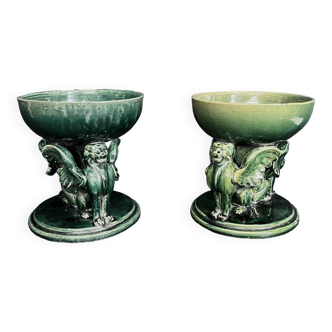 Castel léon, pair of empty pocket cups in green earthenware signed early 20th century