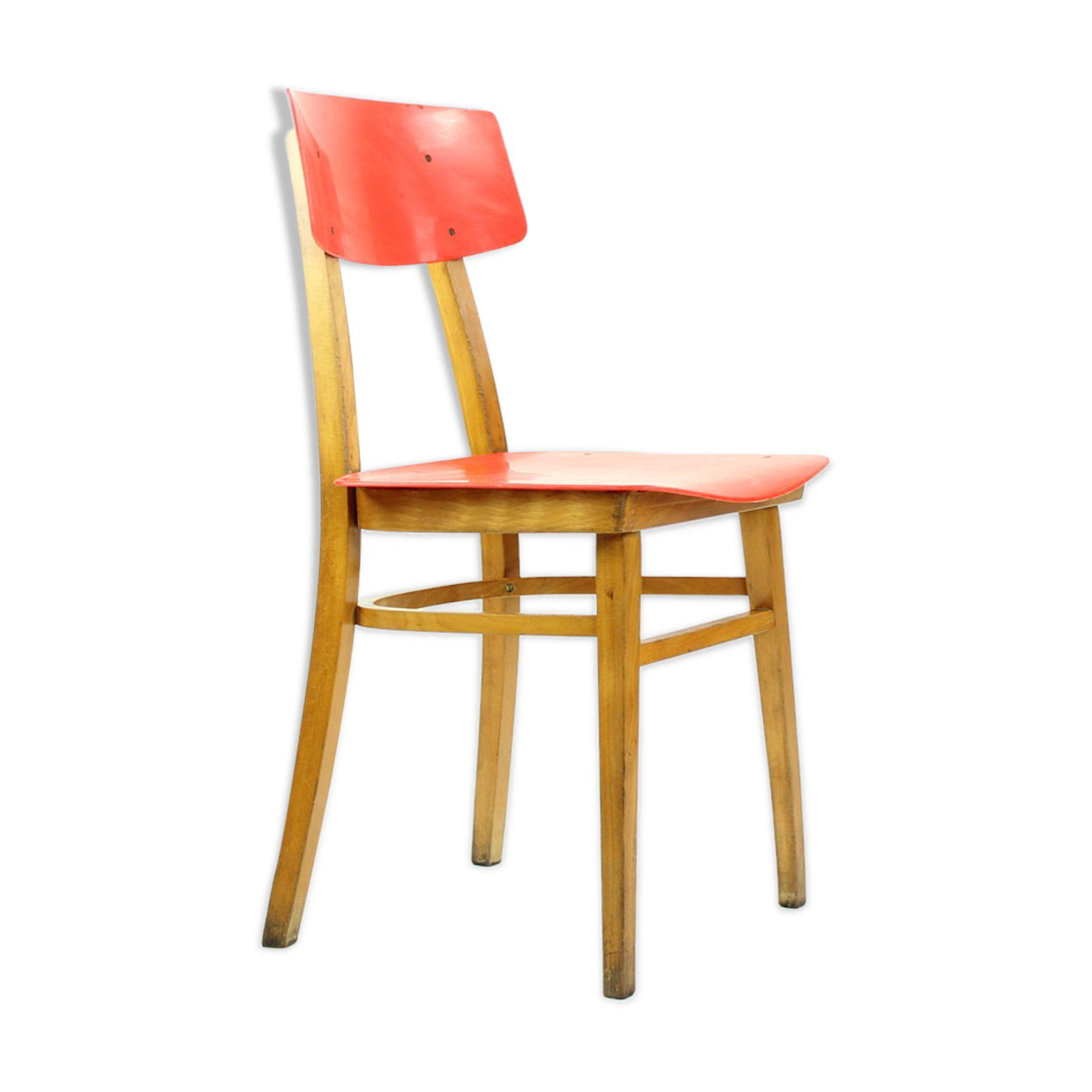 Midcentury chair in red and beech wood, Czechoslovakia circa 1960