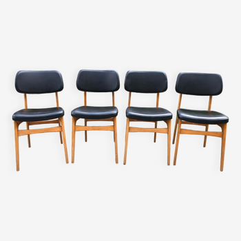Set of 4 scandinavian chairs in beech wood and skaï
