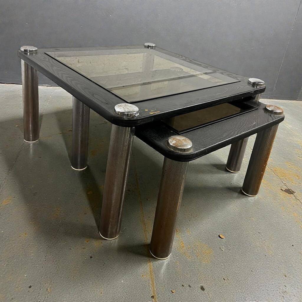 Set of 2 vintage nesting tables: wood and smoked chrome