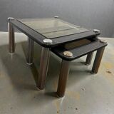 Set of 2 vintage nesting tables: wood and smoked chrome