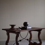Brutalist table in antique Spanish solid oak and wrought iron, 19th century.