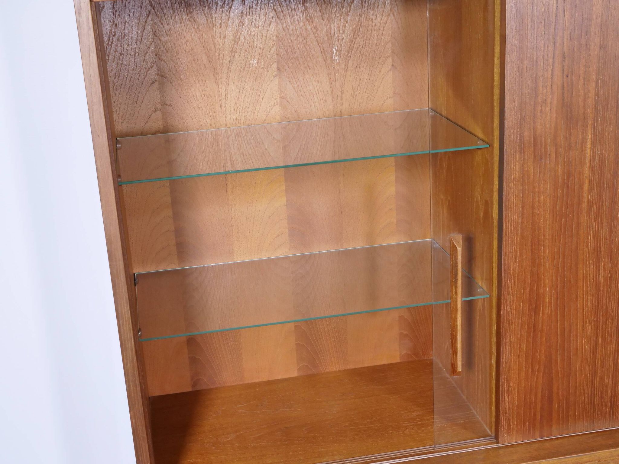 Mid Century Teak Highboard with Glass Display Cabinet & Sliding Door, 1960s