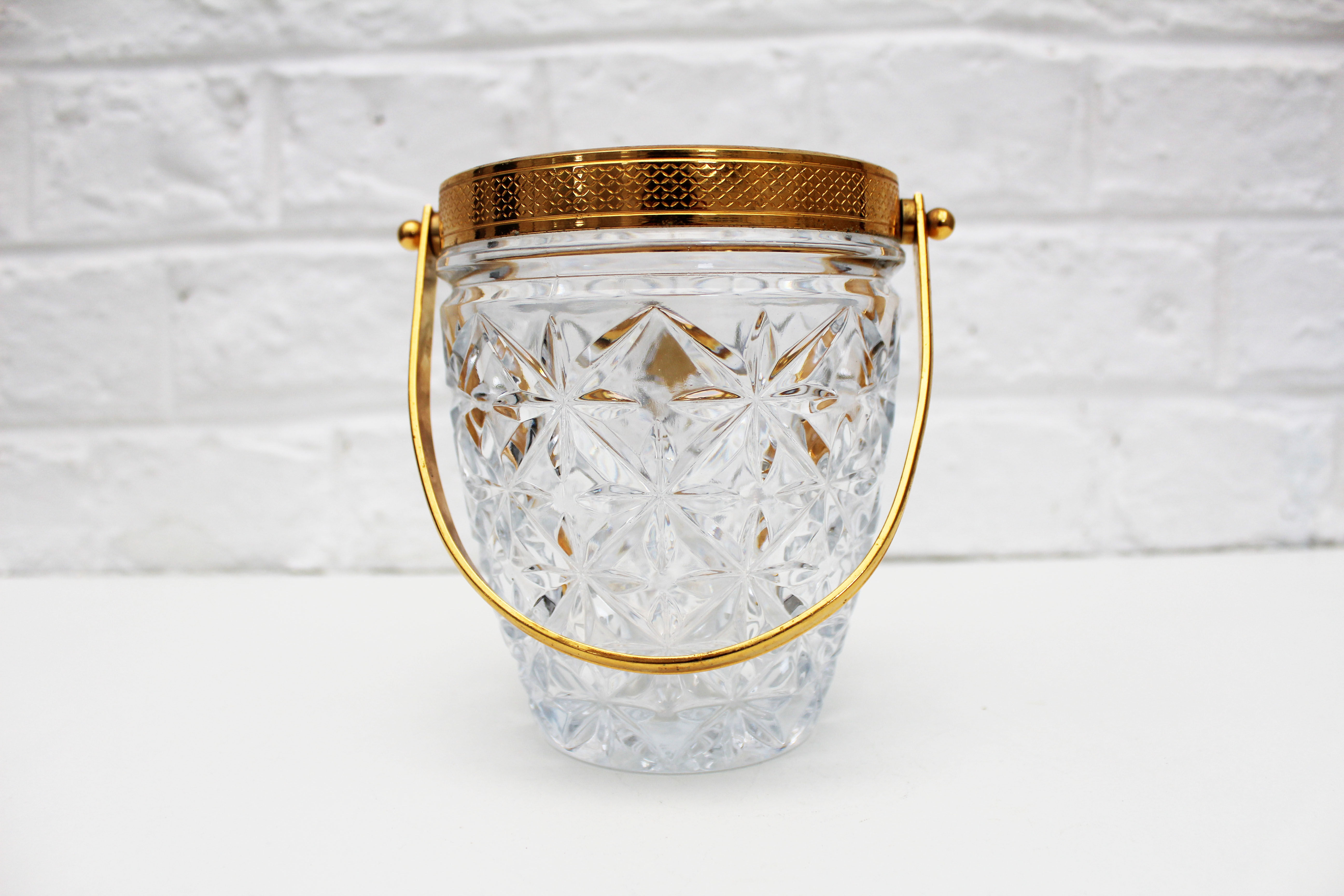 Vintage Glass Ice Bucket, ice cube bowl, gold metal rim