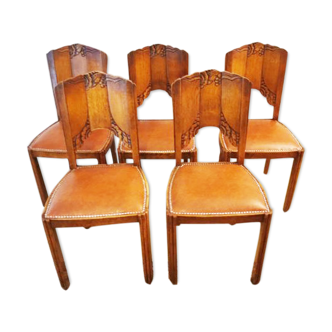Set de 5 anciennes à diner en bois et skai capitonné circa 1940