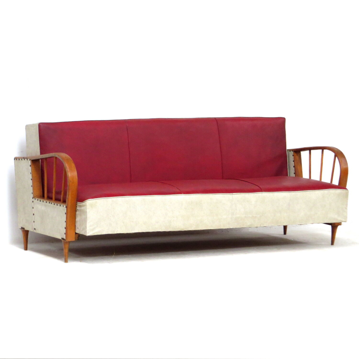 1950s vintage mid century sofa bed in red & creme leatherette