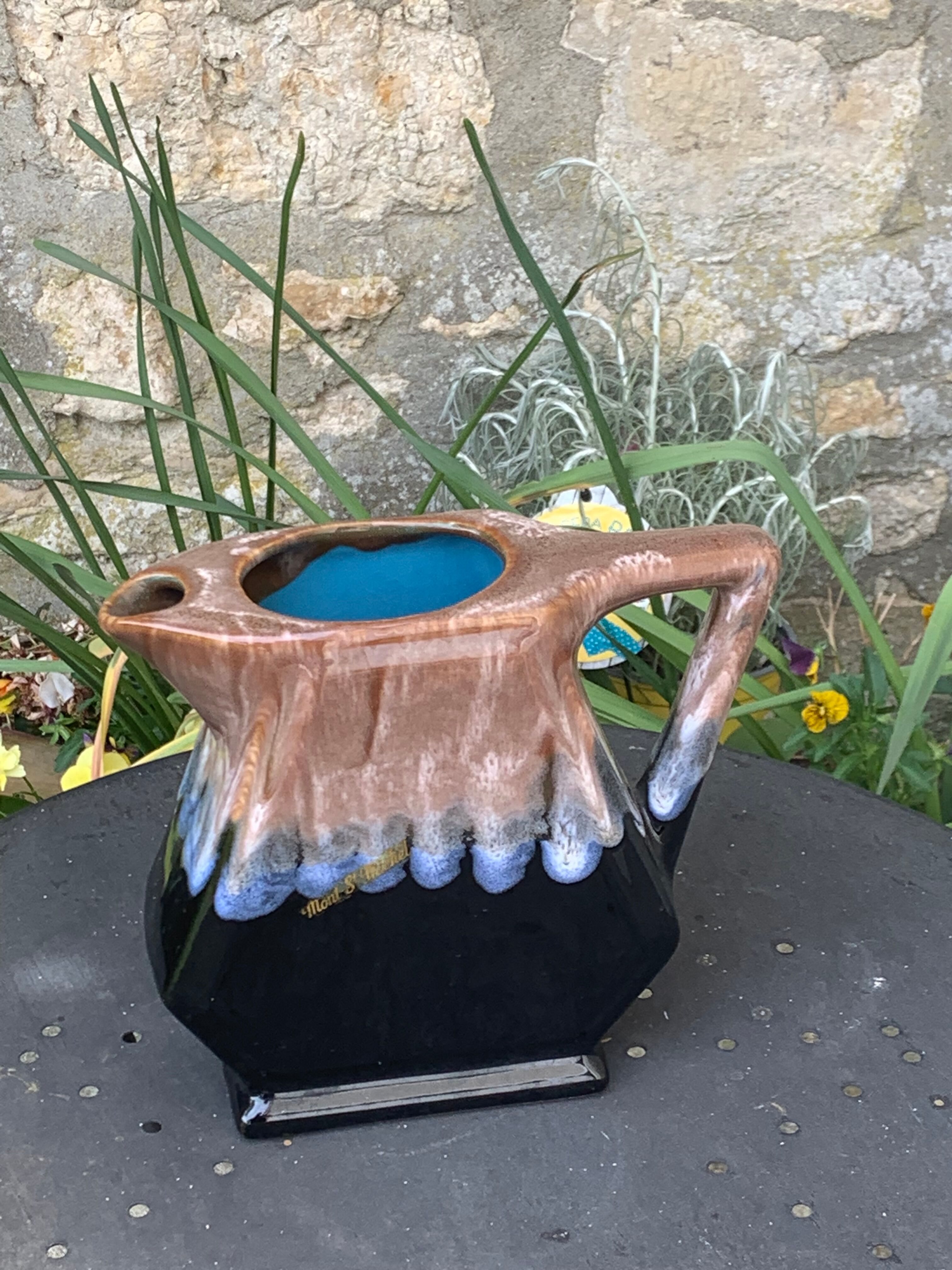 Decanter pitcher in blue and beige glazed ceramic vintage