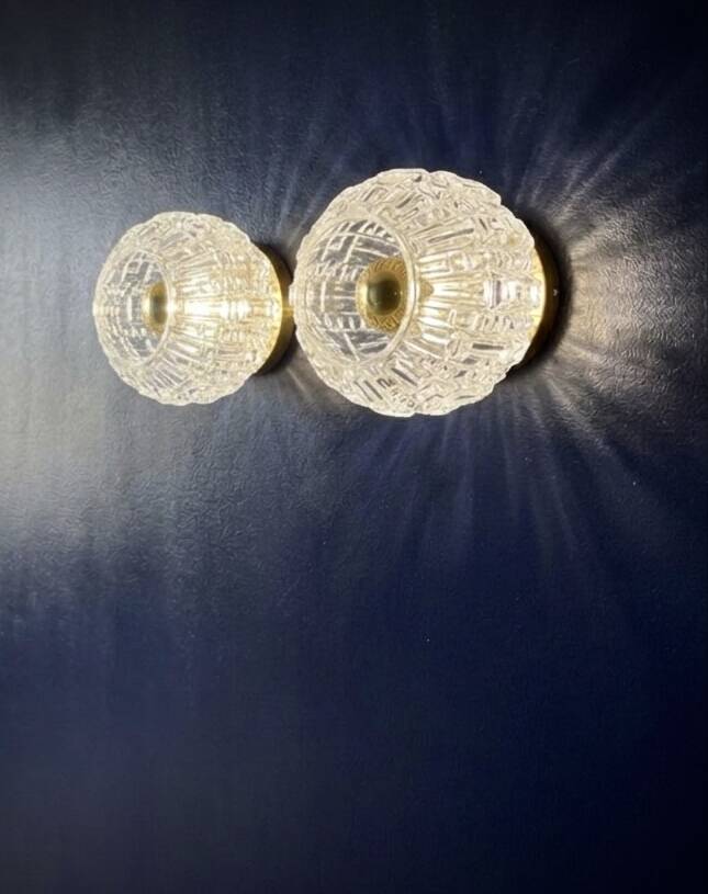2 vintage brass and pressed glass wall lights Brutalist style 1960-70