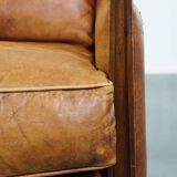 Cognac-Colored Sheepskin Leather Art Deco Design Chair Combined with Wood
