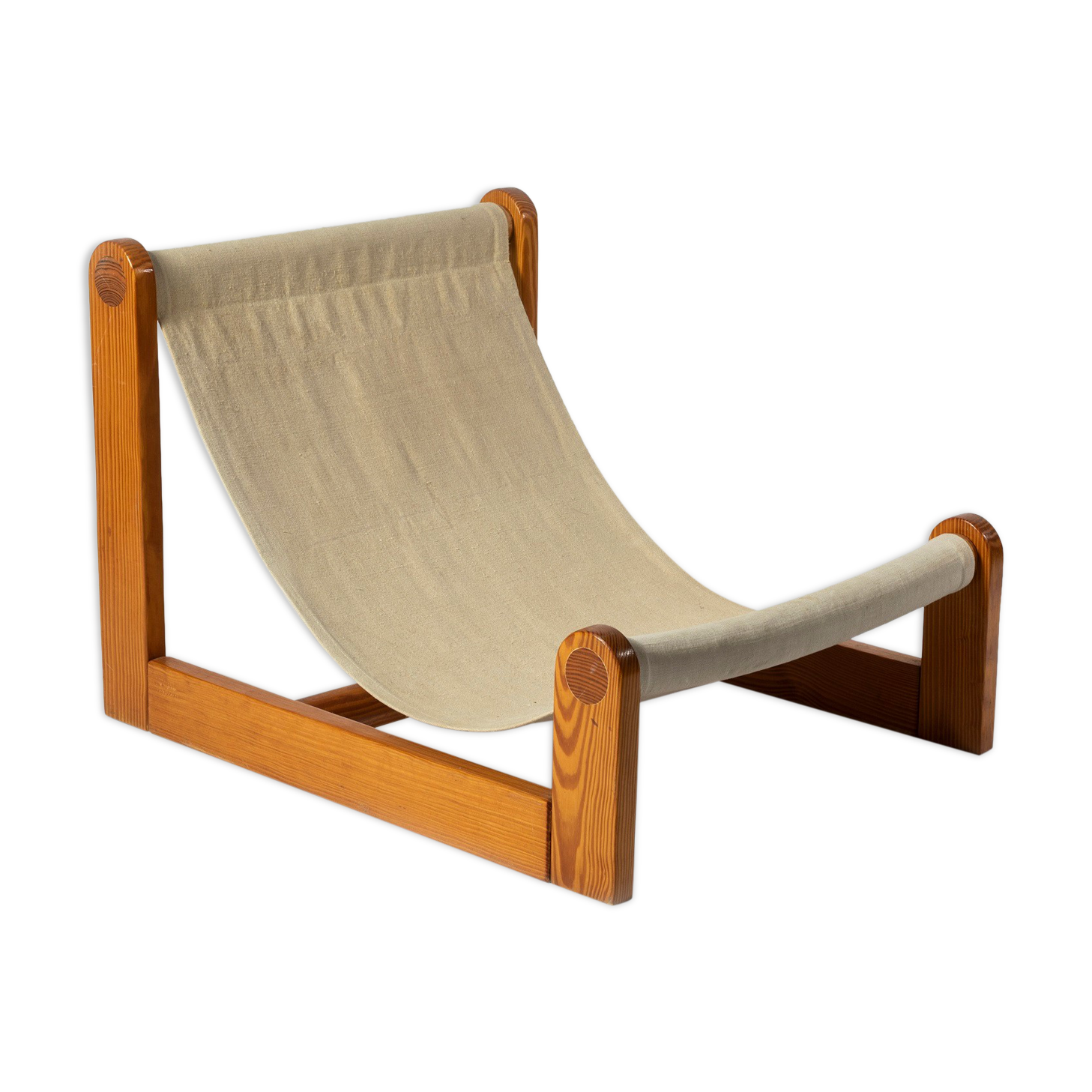 Brutalist sling lounge chair in Canvas, Pine and sheepskin, Belgium, 1970s