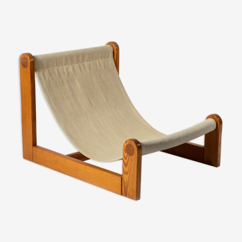 Brutalist sling lounge chair in Canvas, Pine and sheepskin, Belgium, 1970s