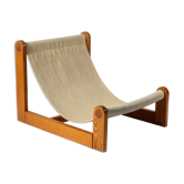 Brutalist sling lounge chair in Canvas, Pine and sheepskin, Belgium, 1970s