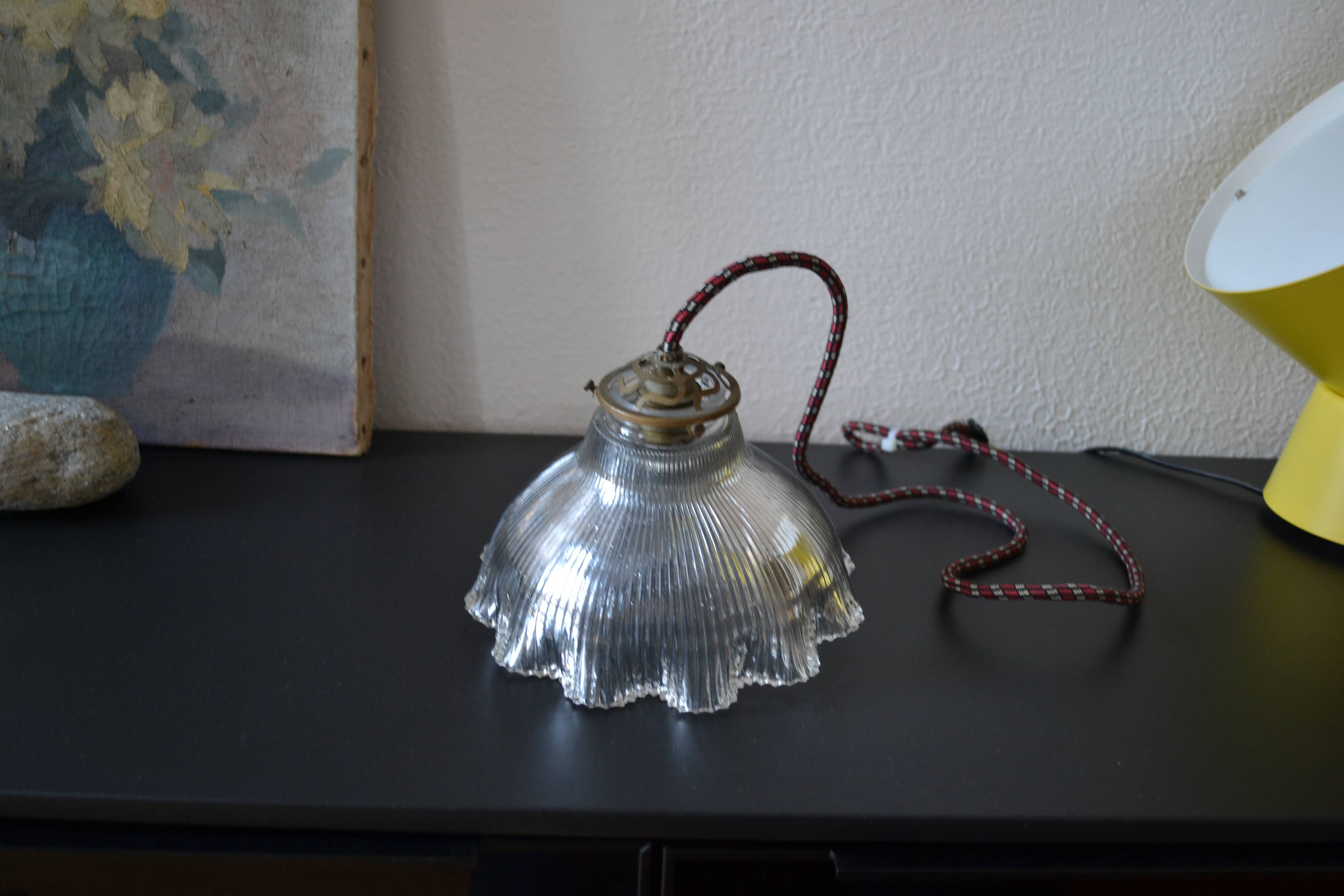 Prismatic glass Holophane pendant light circa 1950