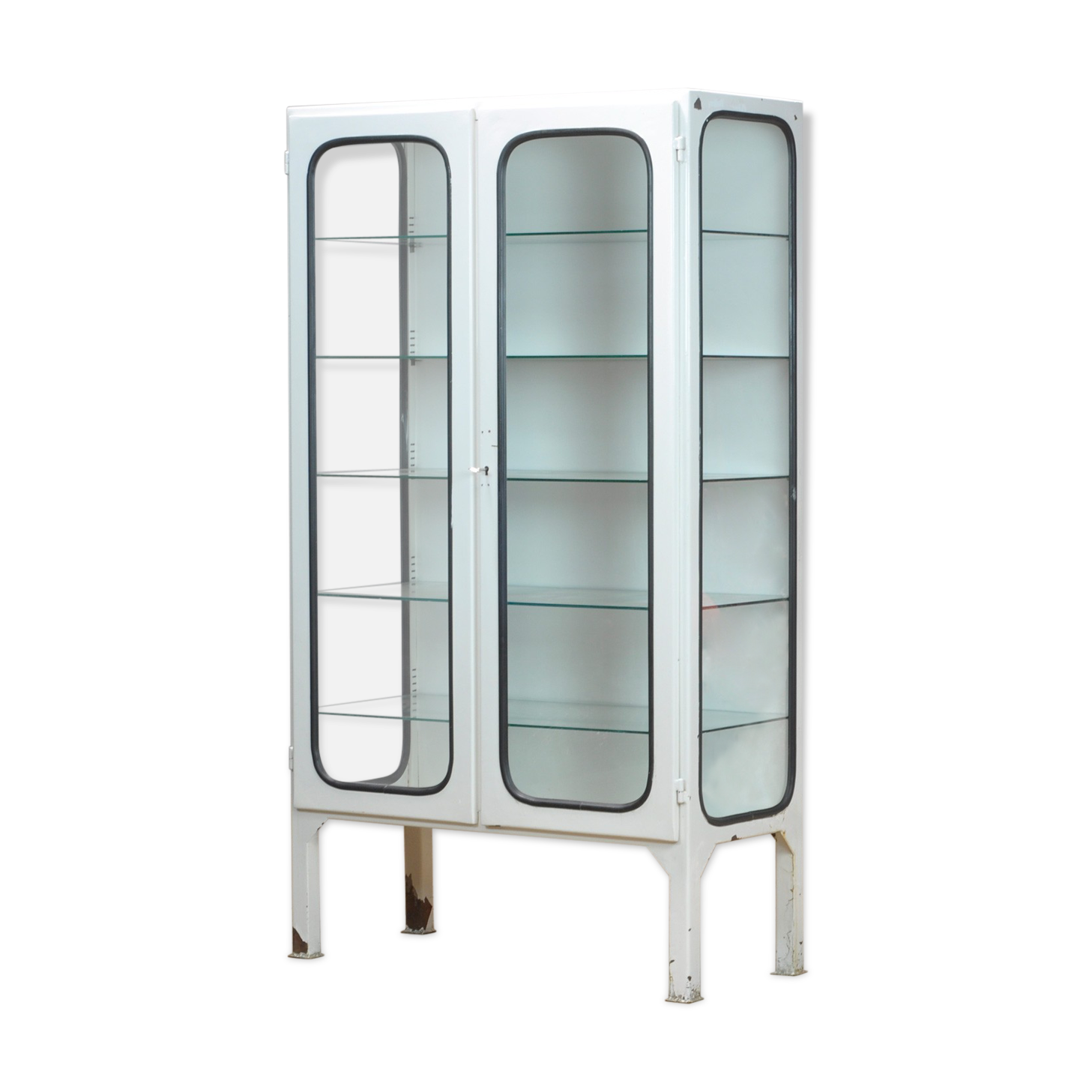 Vintage glass & iron medical cabinet, 1970s