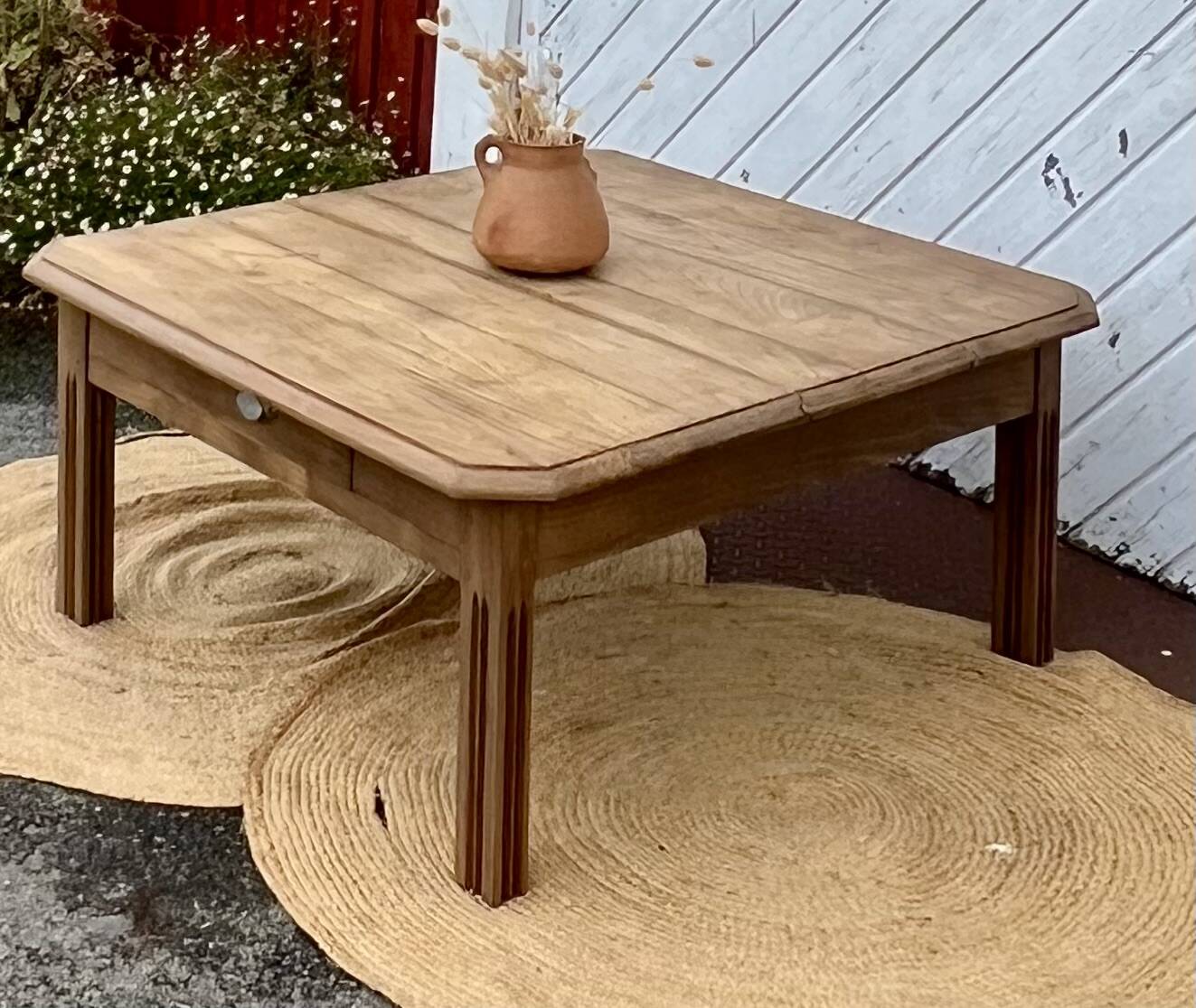 Large antique square coffee table with 1 drawer in solid raw wood