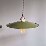 Trio of large industrial suspensions in green enamelled sheet metal.