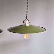 Trio of large industrial suspensions in green enamelled sheet metal.