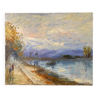 Oil on canvas walkers along a river mid-20th century Bleine