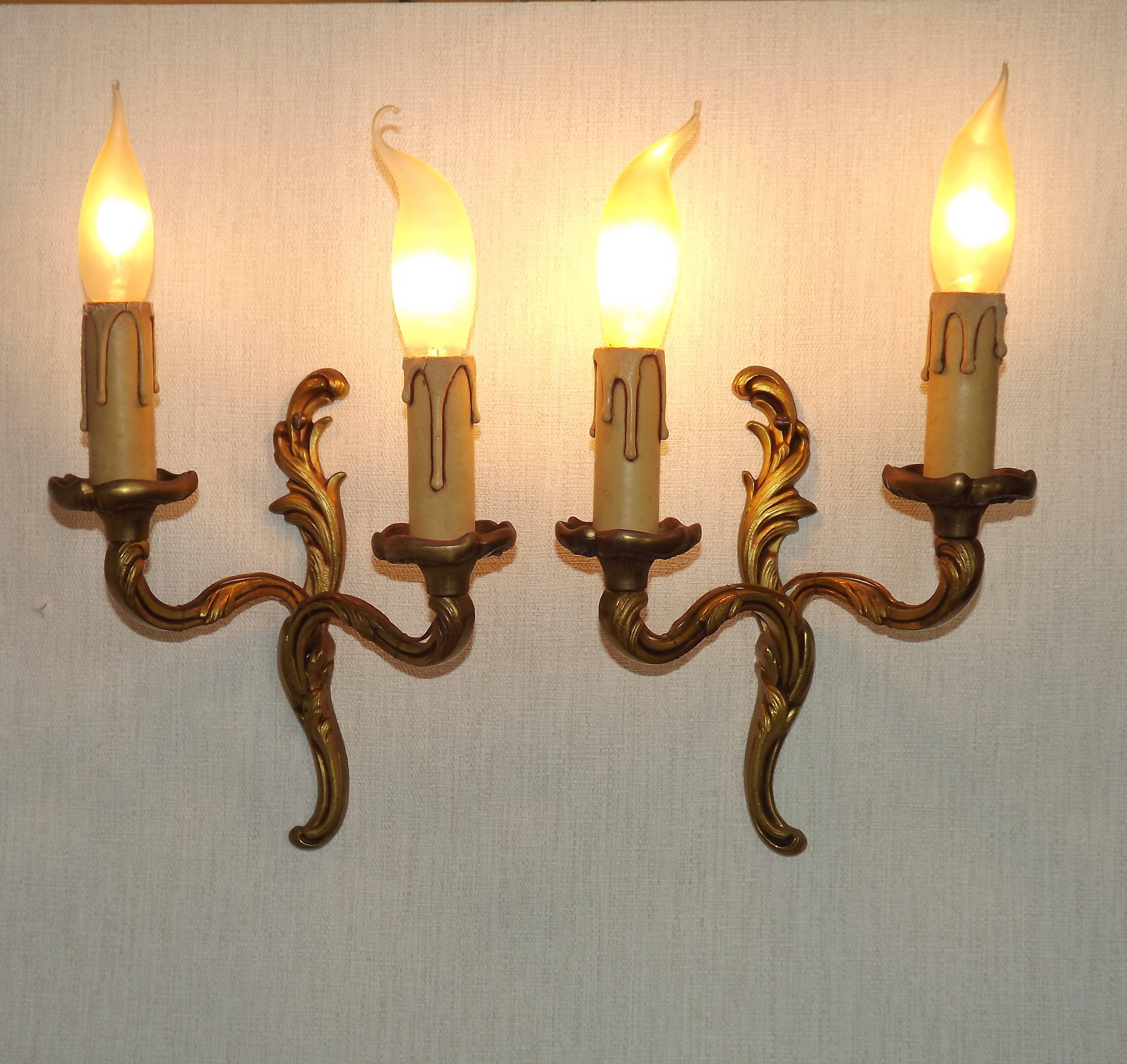 Vintage French Bronze Double Wall Sconces with Acanthus Leaf Detail 5706