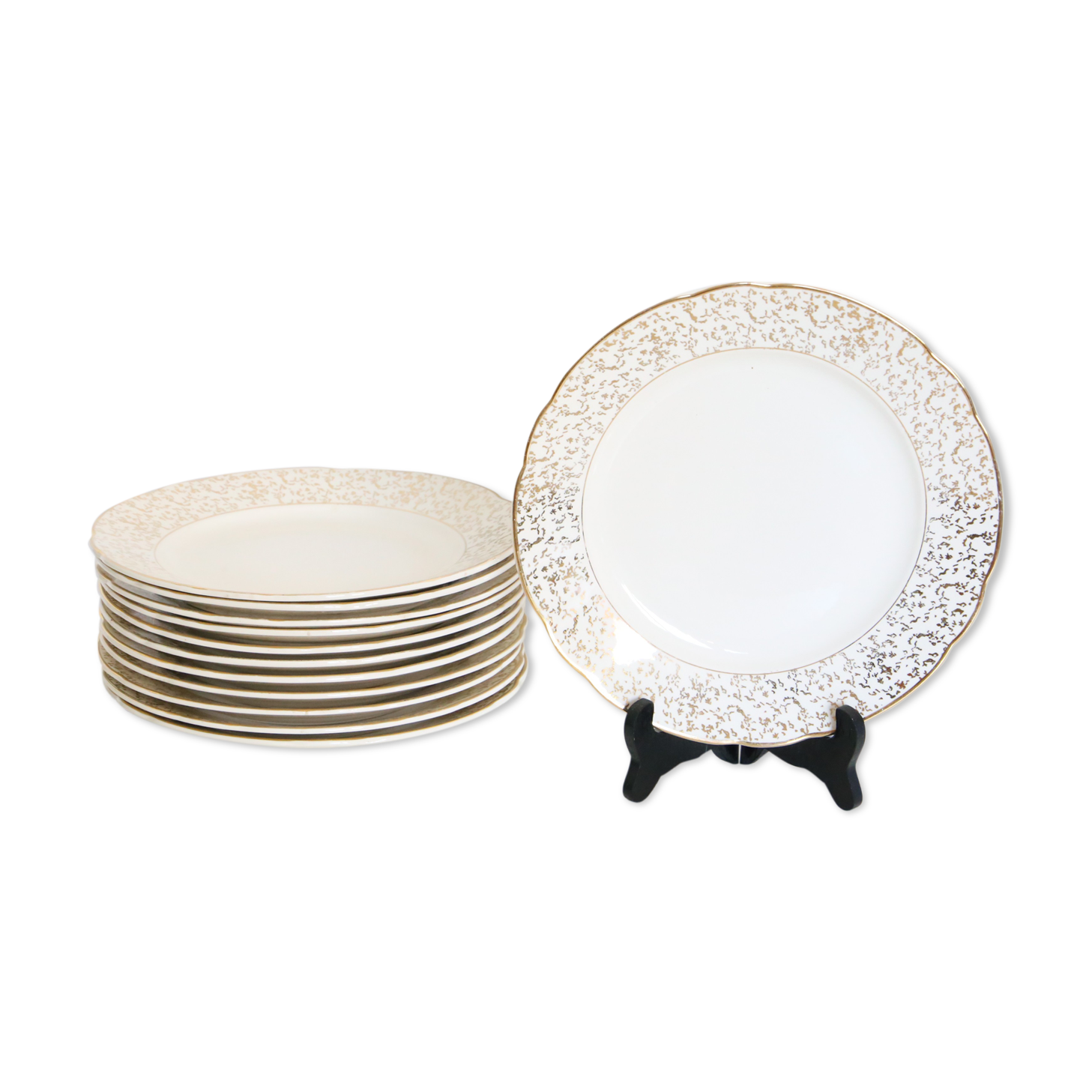 Villeroy and Boch flat plate service, batch of 12 plates, vintage, ceramic, white, gold, parties, vintage, chic