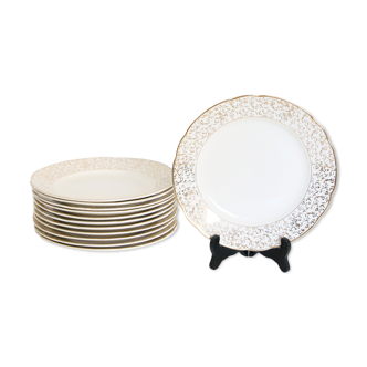 Villeroy and Boch flat plate service, batch of 12 plates, vintage, ceramic, white, gold, parties, vintage, chic