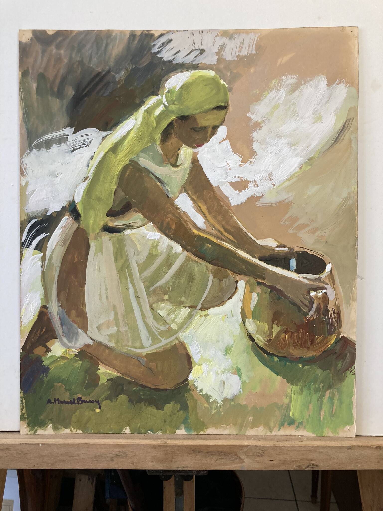 MERIEL-BUSSY, gouache Jeune fille au pot de terre signée XXème