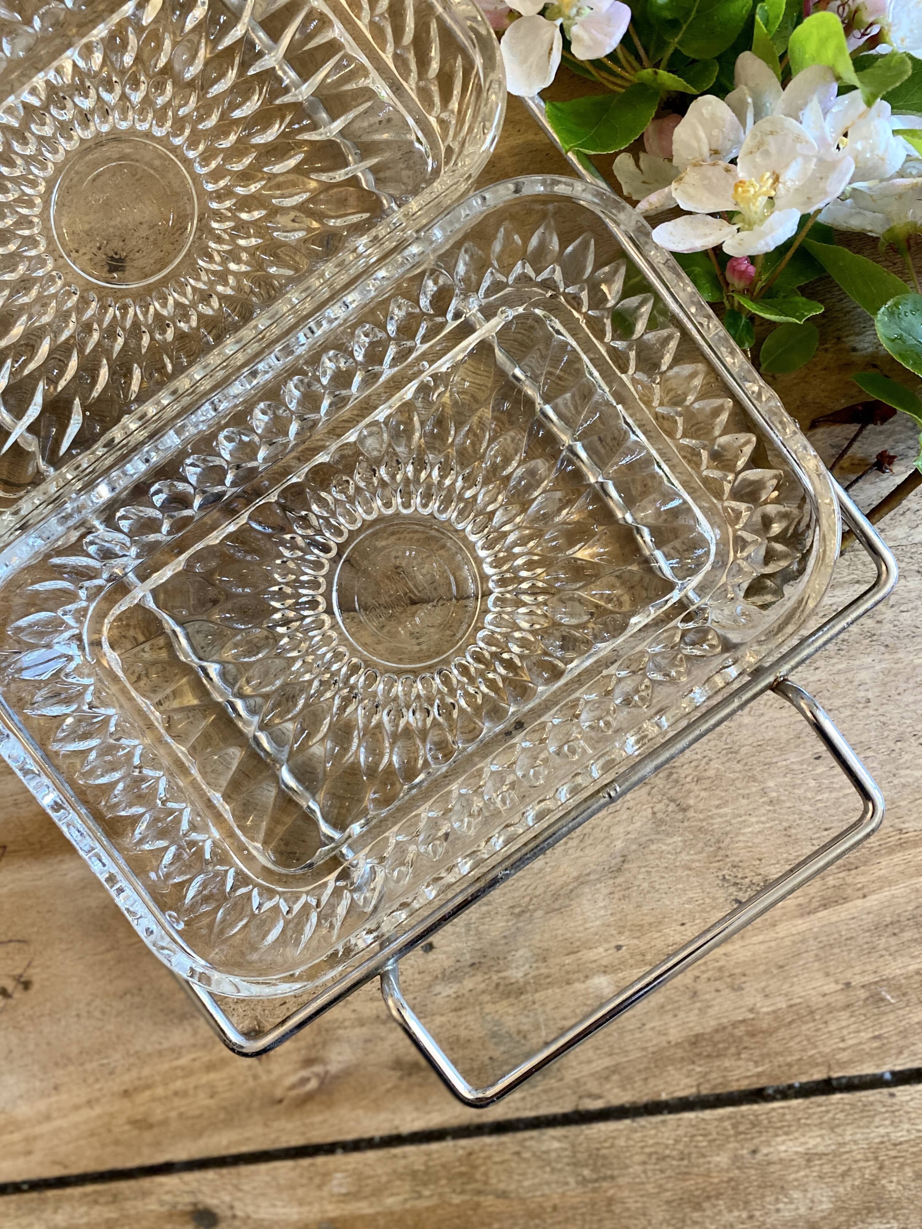 Duralex vintage glass and silver metal tray/servant