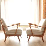 Scandinavian armchair in beige and white striped fabric
