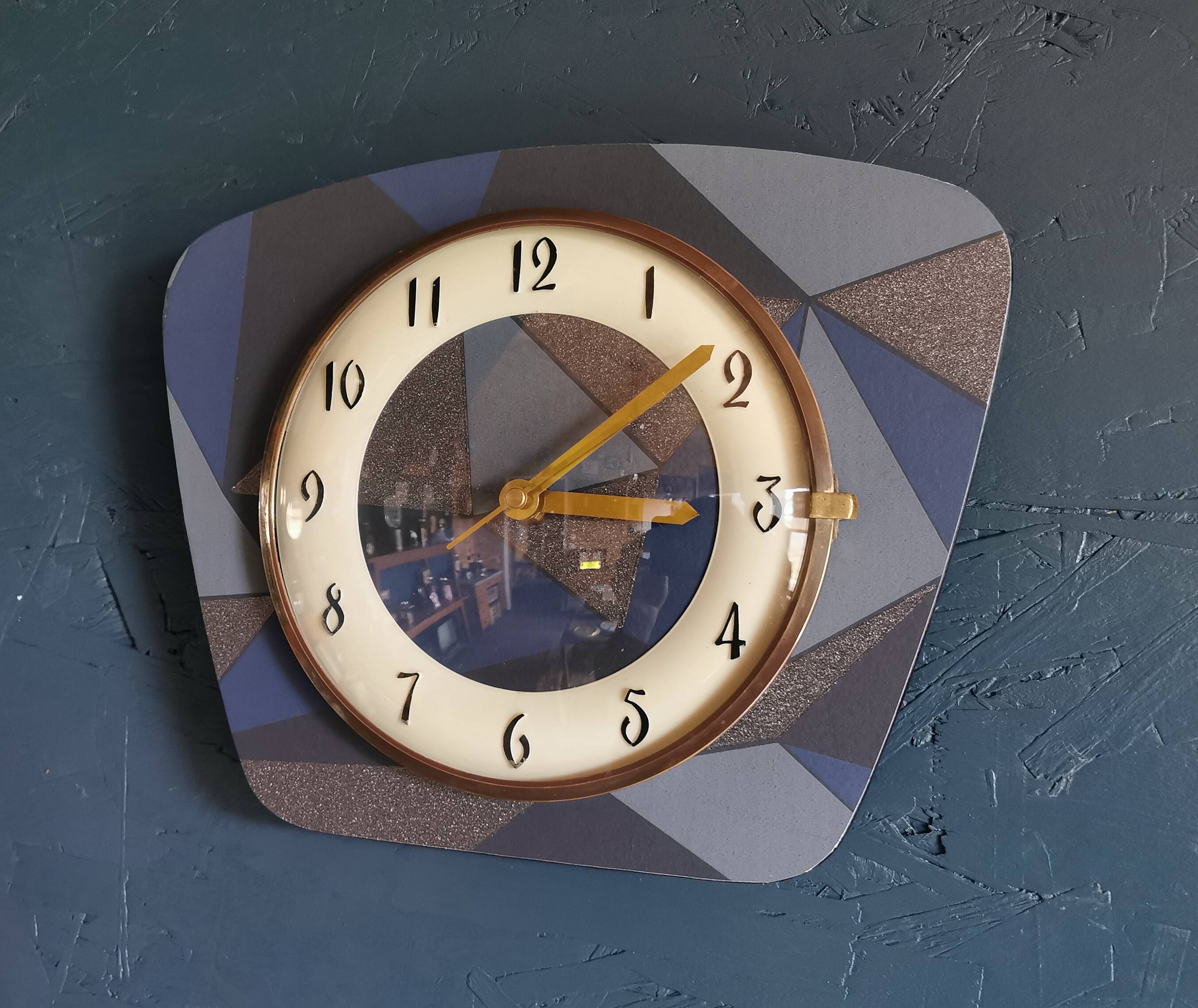 Vintage formica clock silent trapeze wall pendulum "Grey blue"