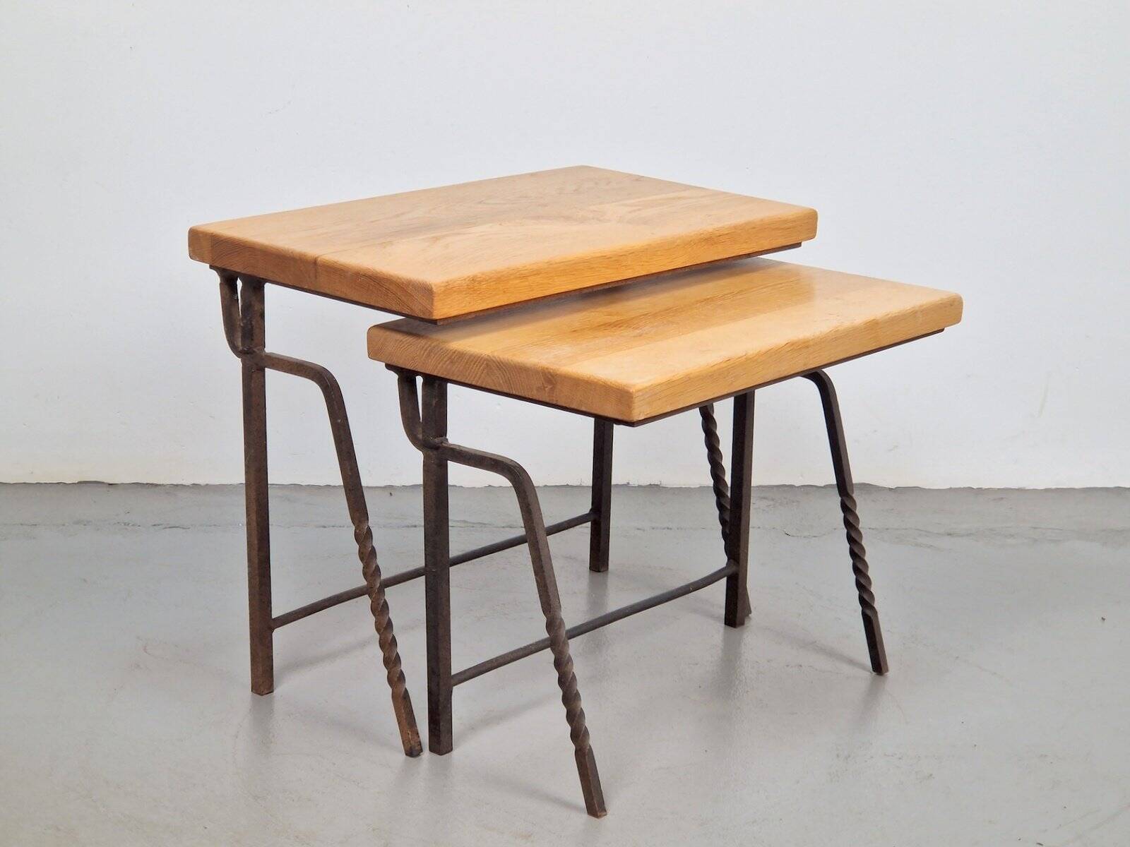 Brutalist Cast Iron and Oak Nesting Tables, 1970s, Set of 2