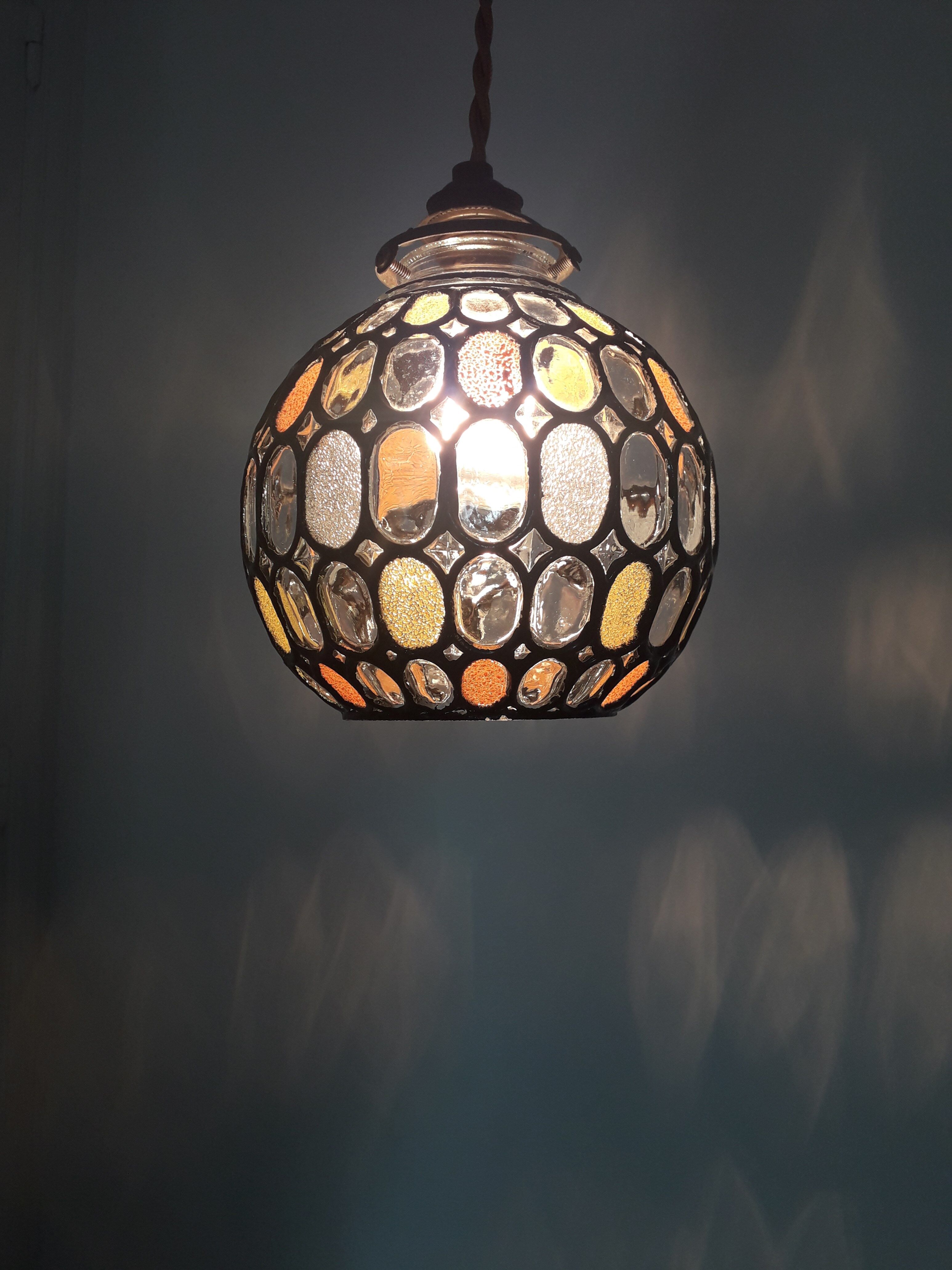 Old art deco pendant lamp - Partitioned and colored glass globe - 1930