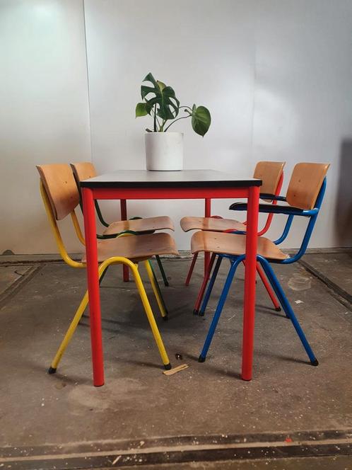 Multicolored dining table and chairs 80s