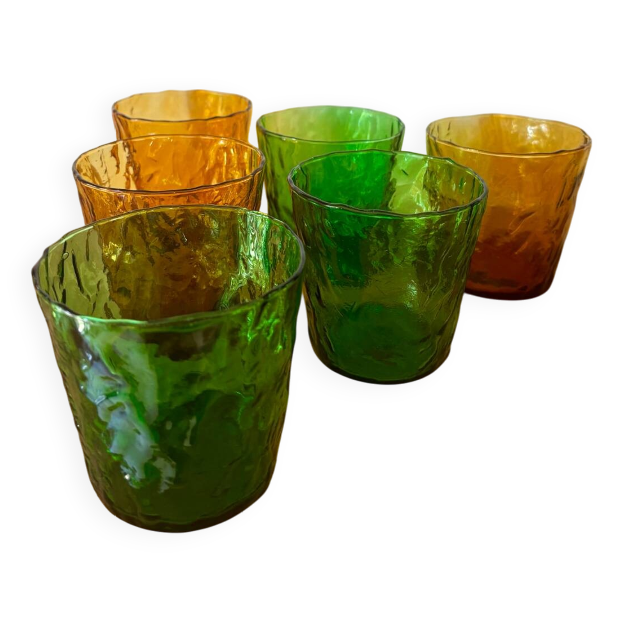 Vintage set of 6 Italian-made glasses, green and amber textured effect
