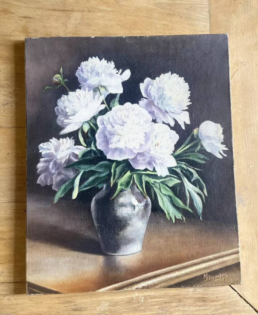 Tableau Ancien -peinture à l’huile - les Pivoines Blanches