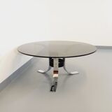 Table basse ronde vintage en verre, métal chromé et métal noir style Space Age des années 70