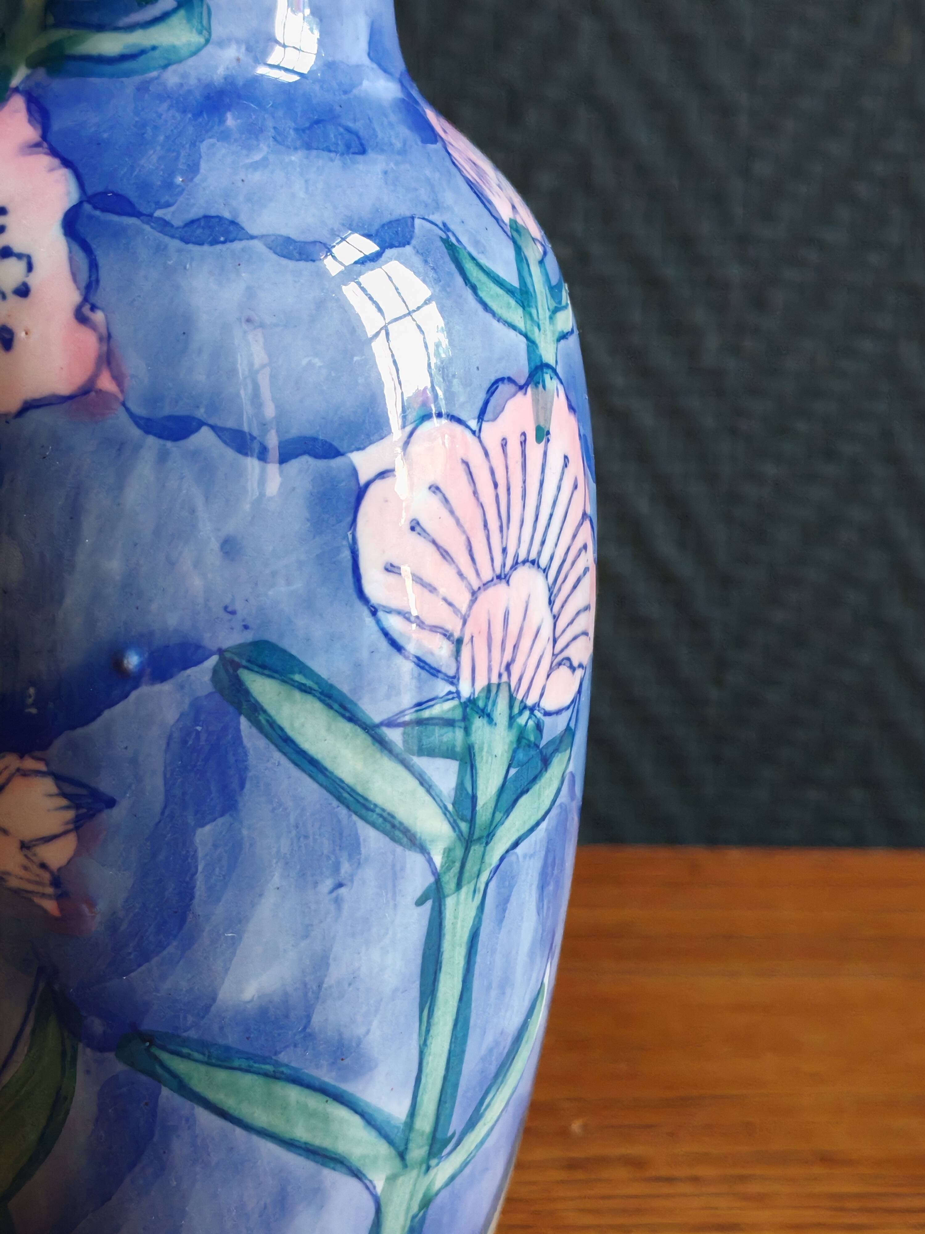 Vintage Blue Ceramic Vase with Pink Floral Decoration, Shabby Chic Style