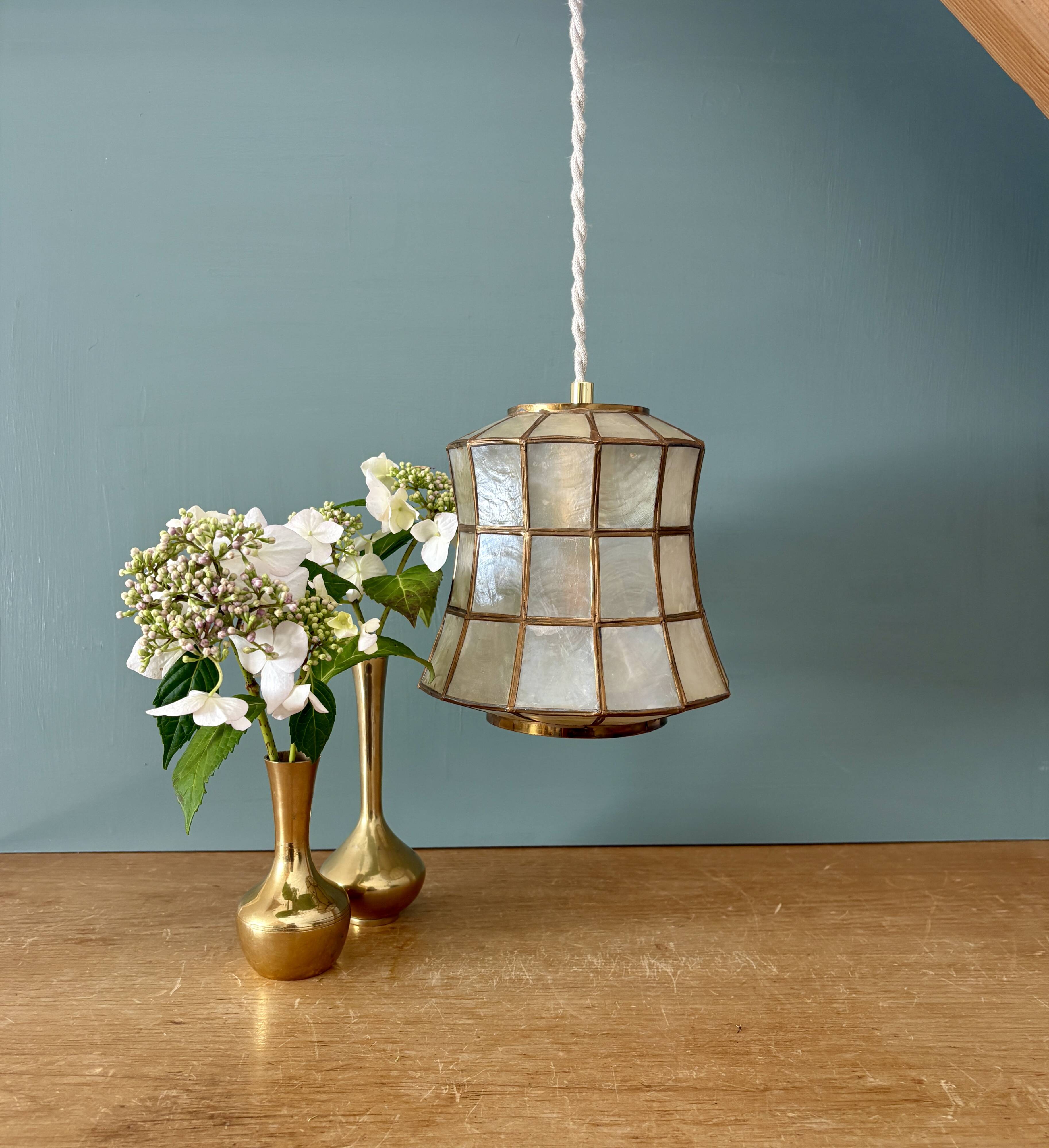 Vintage mother-of-pearl and brass lampshade pendant light