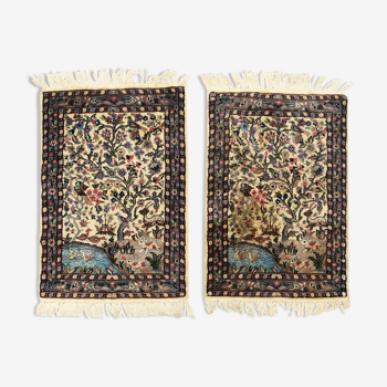 Pair of carpets decorated with rabbits and ducks in a wood
