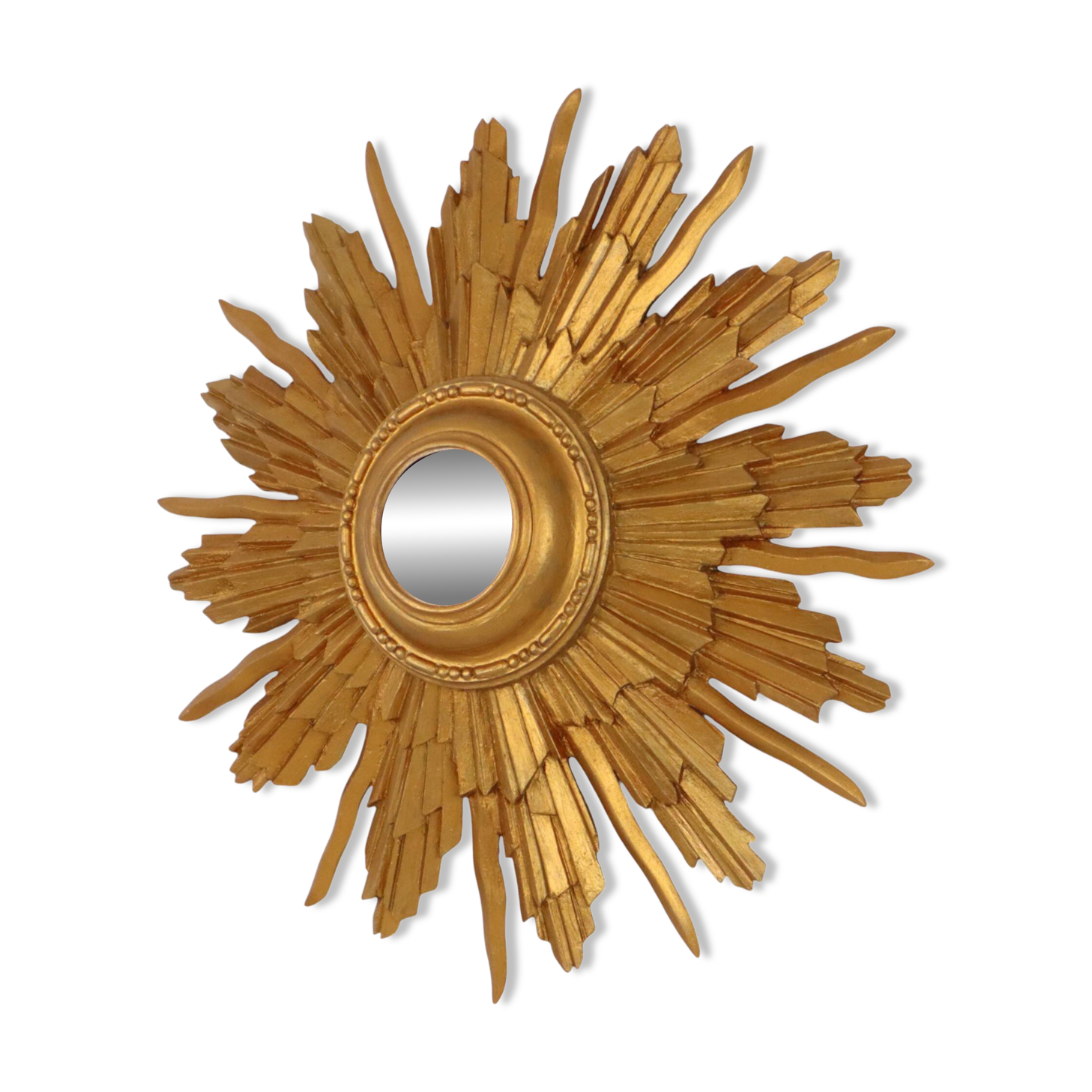Miroir convexe en bois vintage en forme de soleil, doré, 46 cm