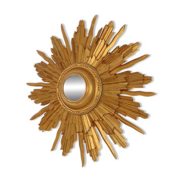 Vintage Wooden Sunburst Convex Mirror, Gold, 46cm