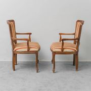 Pair of Parisian-style armchairs in wood with striped fabric armrests, vintage