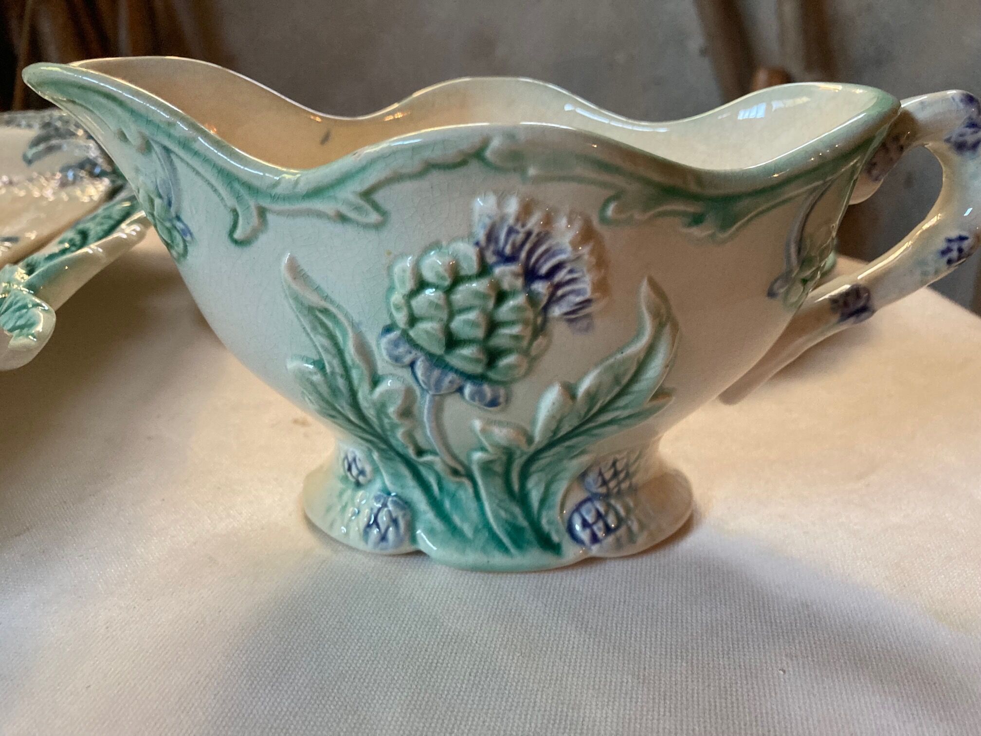 Vintage asparagus dish and sausage