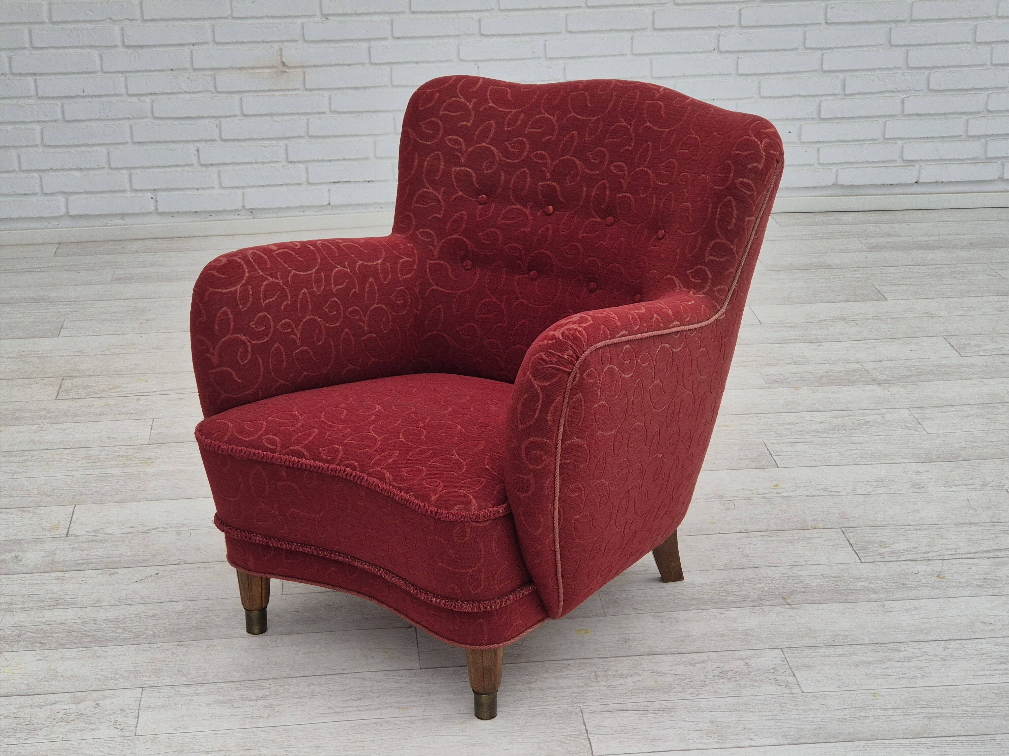 Années 1960, fauteuil relax danois, état d'origine, coton/laine rouge.