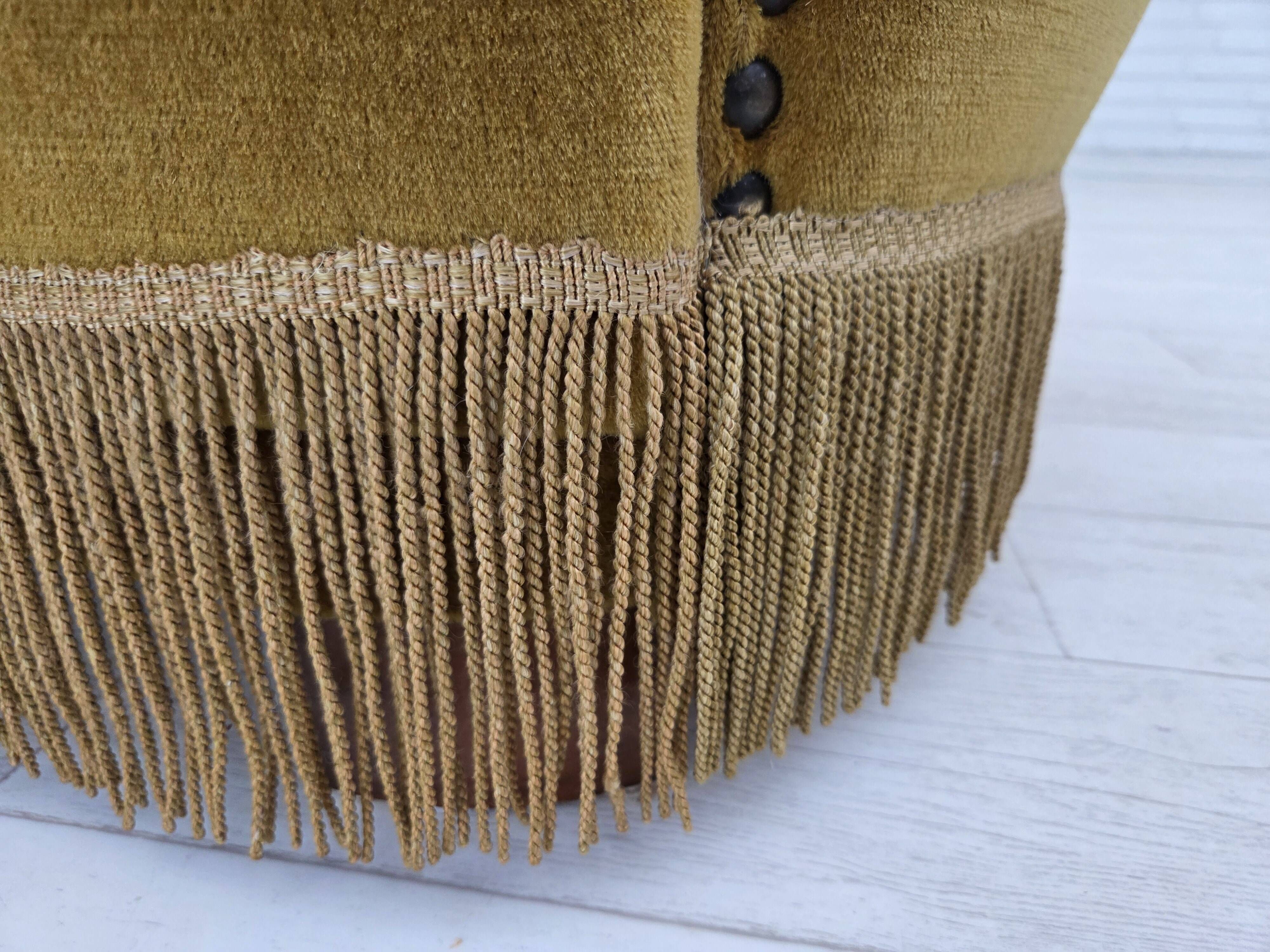 1960s, Danish 2-seater "Banan" sofa, green furniture velour, oak wood.