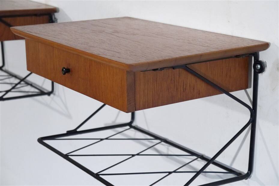 Pair of hanging bedside tables in teak and metal, 1960