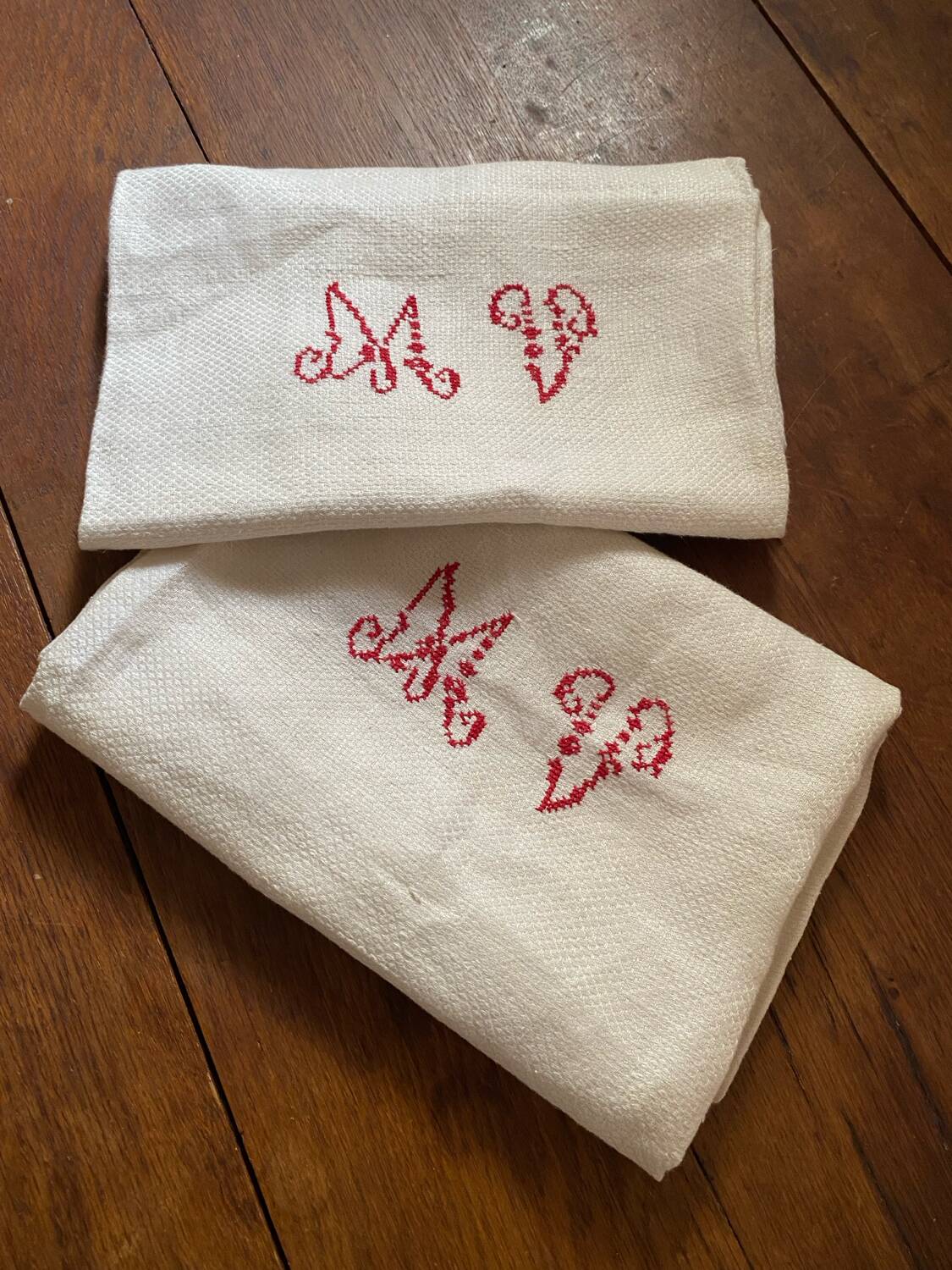 Pair of large cotton and hemp tea towels from the 1930s.