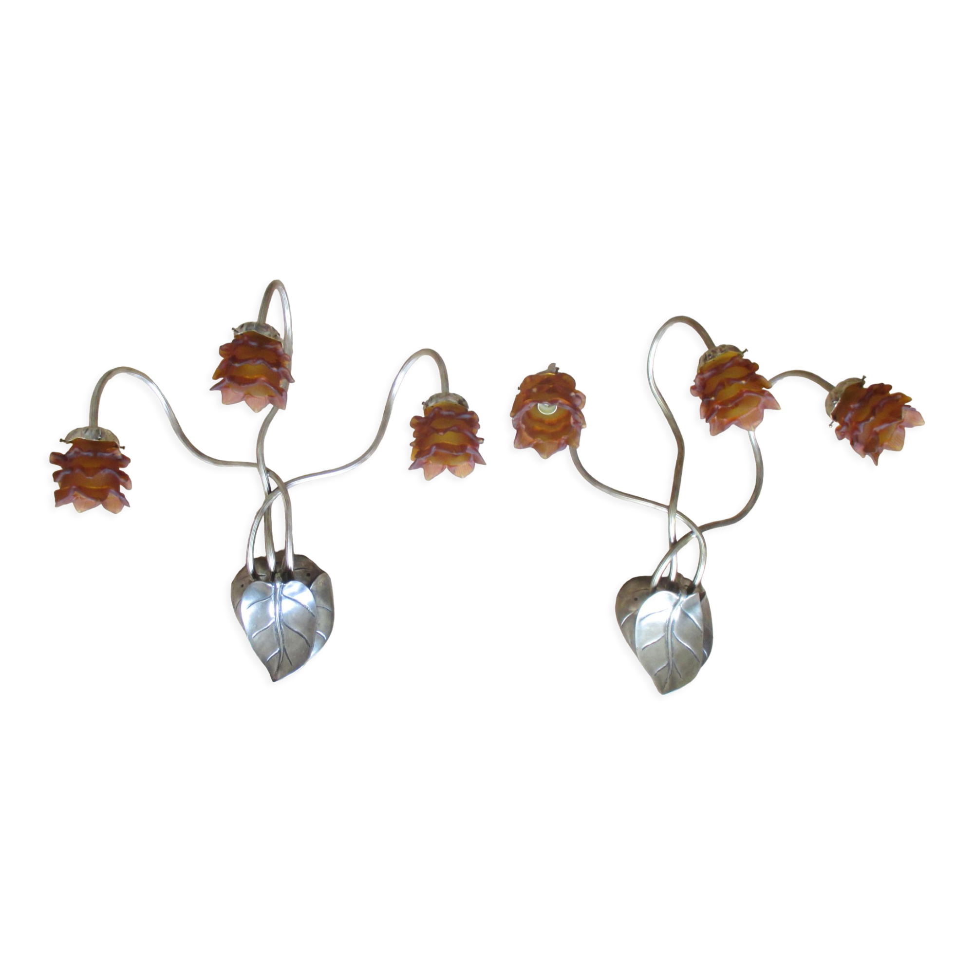 2 brass appliques leaves flowers tulip glass paste